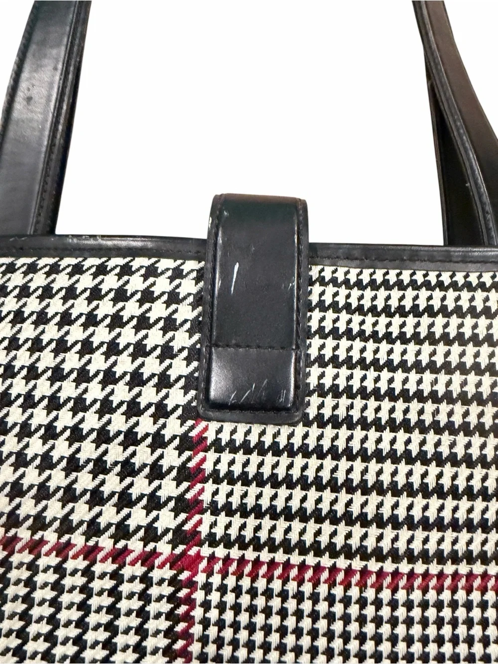 Lauren Ralph Lauren Houndstooth Tote Black White Red Snap, Lined Pockets